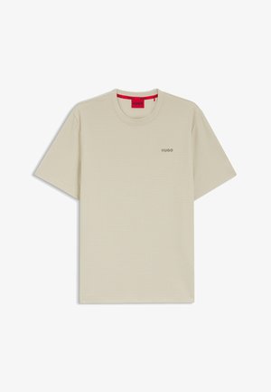 Beige waffle-knit short-sleeve T-shirt with round neck and small "HUGO" logo on the left chest.