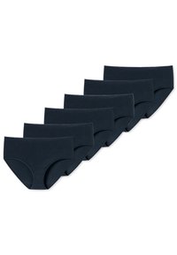 Ensemble de six slips en coton bleu marine, présentant une coupe classique, une texture lisse et une taille élastique sans motifs ni accents visibles.