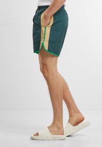 Zöld és bézs fürdősort oldalcsíkkal, könnyű anyagból, rugalmas derékkal és zsebekkel. Fehér slip-on szandállal viselve.