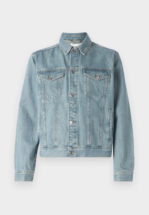 Light blue denim jacket with a pointed collar, two chest pockets, silver buttons, and a cropped design. Features textured fabric and stitched detailing.