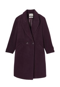 Manteau en laine croisé, de couleur violet profond, avec de grands revers dentés. Comprend deux poches latérales et une doublure intérieure lisse.