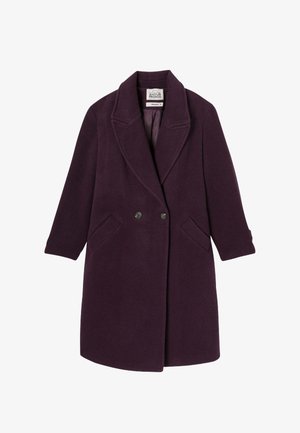 Manteau en laine croisé, de couleur violet profond, avec de grands revers dentés. Comprend deux poches latérales et une doublure intérieure lisse.
