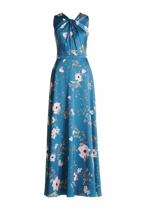 Maxi kjole med blomsterprint i teal stof, der har en knyttet halterneck og en svævende silhuet med en tætsiddende talje og fuld nederdel.
