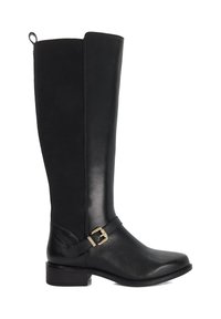Black knee-high boots made from smooth leather and fabric blend, featuring a gold buckle accent and a block heel for stability.
