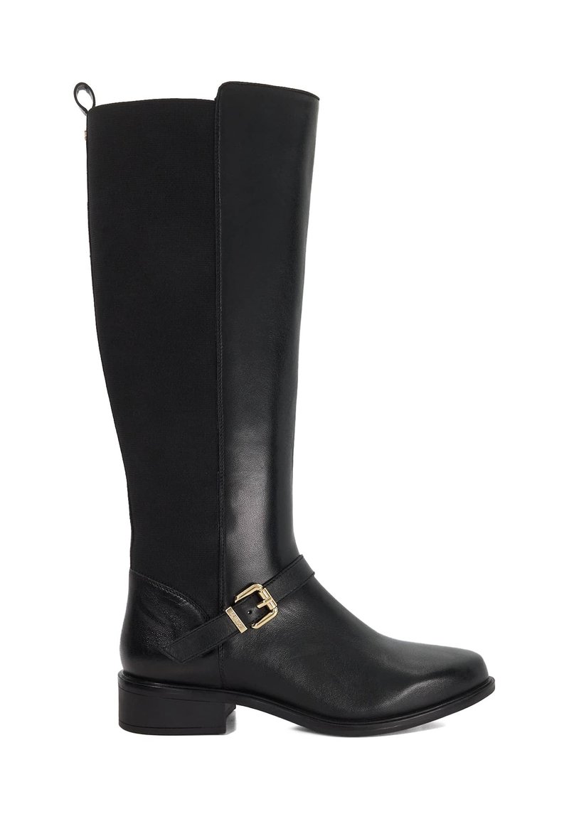 Black knee-high boots made from smooth leather and fabric blend, featuring a gold buckle accent and a block heel for stability.