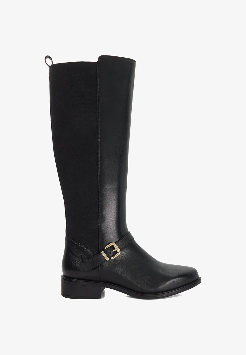 Black knee-high boots made from smooth leather and fabric blend, featuring a gold buckle accent and a block heel for stability.