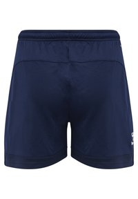 Donkerblauwe sportshorts met een elastische tailleband, meshafwerking aan de zoom en een klein wit logo aan de onderzijde aan de rechterkant.