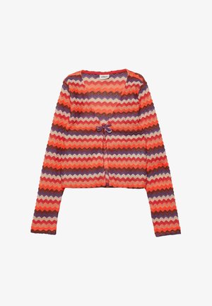 Długi rękaw, krótki kardigan z wzorem zygzaków w kolorach pomarańczowym, fioletowym i różowym, z dekoltem w serek i wiązaniem z przodu.