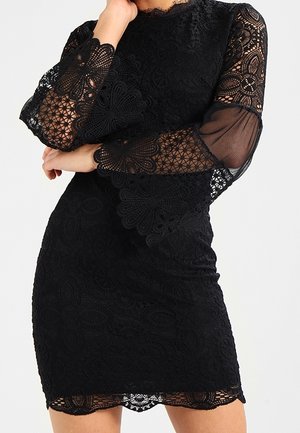 Robe en dentelle noire avec de longues manches transparentes, dotée de motifs floraux et de bords en scallop, coupe ajustée et longueur au genou.
