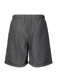 Grå bomullsshorts med elastiskt midjeband, rullade ärmslut och texturerat tyg. Inga synliga fickor eller särskiljande utsmyckningar.
