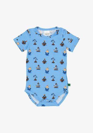 Jasnoniebieski bodysuit z krótkimi rękawami w wzór łodzi i palm w odcieniach brązu, bieli i pomarańczu. Zapięcie na napy na dole ułatwiające ubieranie.