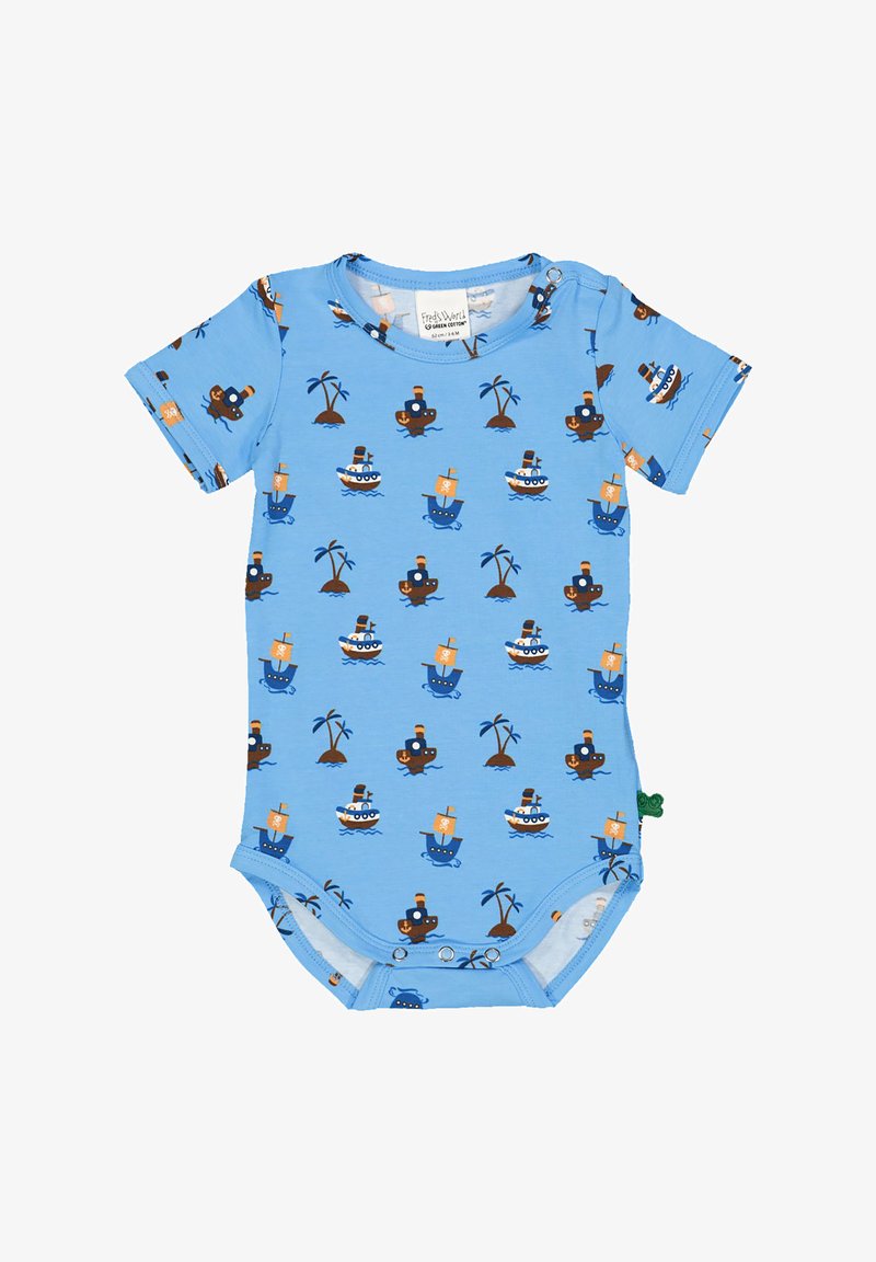 Světle modrý body s krátkým rukávem se vzorem lodi a palmy v hnědé, bílé a oranžové. Zapínání na patentky na spodní části pro snadné oblékání.