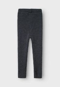 Leggings a coste grigio scuro con vita elastica, esposti piatti su uno sfondo chiaro.