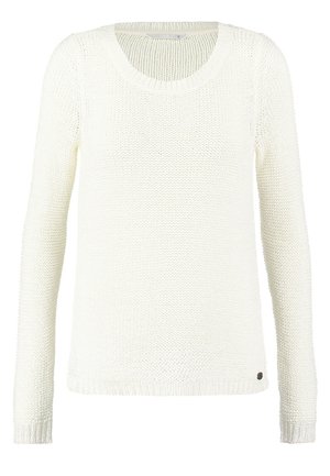 Lengvas baltas megztinis, apvaliu kaklu, ilgomis rankovėmis, tekstūruotu megzto rašto dizainu, grublėtomis rankovių ir apatinėmis dalimis, mažas logotipas apačioje.