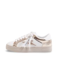 Baskets en cuir blanc avec des accents dorés scintillants, dotées d'une semelle texturée, d'un design à lacets et d'une finition lisse.