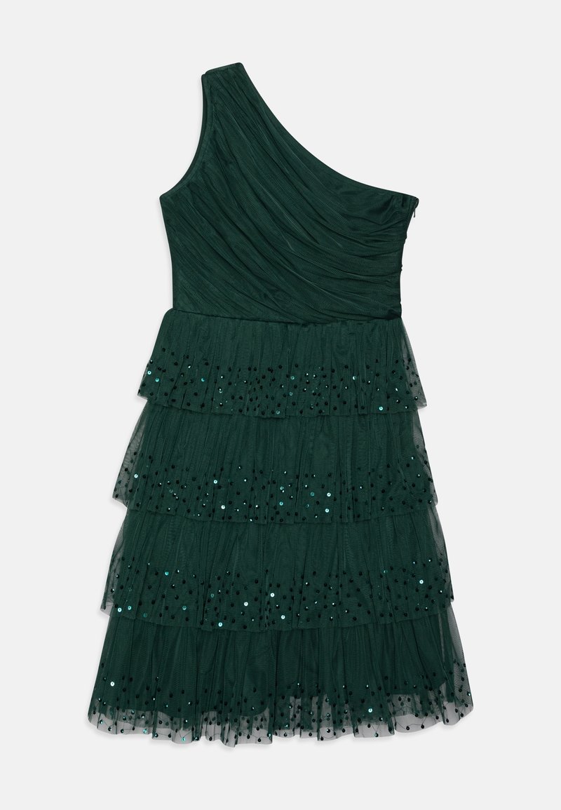 Robe asymétrique vert foncé avec un corsage froncé et une jupe en tulle superposée décorée de sequins noirs et verts.