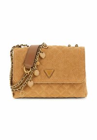 Beige Kordhandtasche mit gestepptem Muster, goldener Kettenriemen und Lederakzenten. Verfügt über ein dreieckiges Logo und Charme-Details.