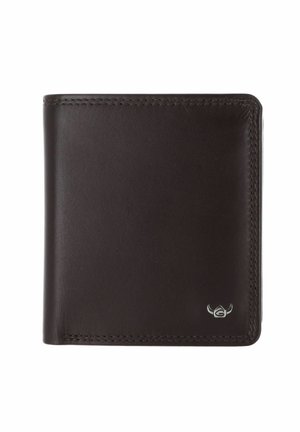 Portefeuille bifold en cuir marron foncé avec coutures soignées et petit emblème logo argenté dans le coin inférieur droit.