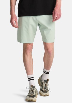 Man die lichtgroene korte broek, witte sokken met zwarte strepen en beige-grijze sneakers draagt, staand tegen een witte achtergrond.