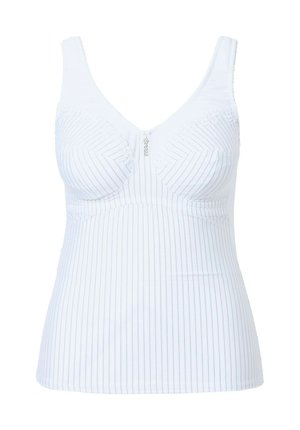 Hvid tanktop med vertikale blå striber, blondeapplikation på brystet, V-udskæring, justerbare stropper og frontlynlås. Blødt stof, tætsiddende design.