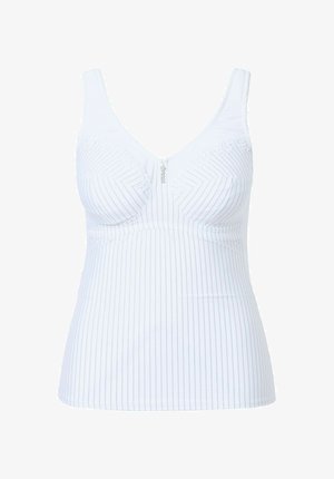 Hvid tanktop med vertikale blå striber, blondeapplikation på brystet, V-udskæring, justerbare stropper og frontlynlås. Blødt stof, tætsiddende design.