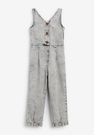 Grå denim jumpsuit med dyb V-udskæring, frontlukning med knapper og vide ben. Falmet tekstur med synlige syninger.