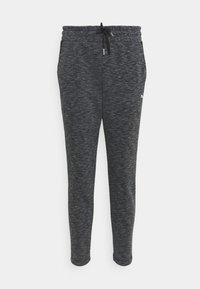 Męskie ciemnoszare spodnie dresowe na sznurki o slim fit i heatherowanej fakturze, z bocznymi kieszeniami i zwężanymi nogawkami.