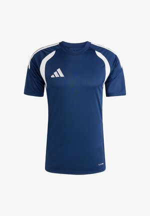 Marineblaues Sportshirt aus leichtem Material mit weißen Akzenten auf den Schultern und einem kleinen Logo auf der Brust.