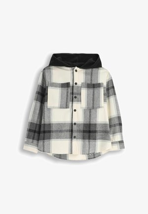 Koszula flanelowa w kratę z czarnym kapturem, w szare i białe kwadraty, z dwoma przednimi kieszeniami i zapięciem na guziki z przodu.