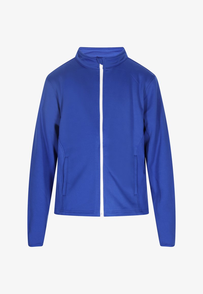 Giacca blu con zip a tutta lunghezza e colletto alto, due tasche frontali e zip bianca. Tessuto liscio senza fantasie o decorazioni.