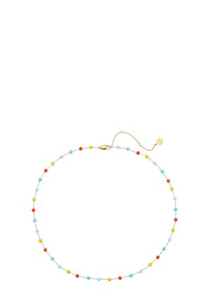 Zarte Goldkette mit kleinen blauen, roten und gelben runden Perlen, die gleichmäßig entlang der Länge verteilt sind, und einem blumenförmigen Verschlussanhänger.