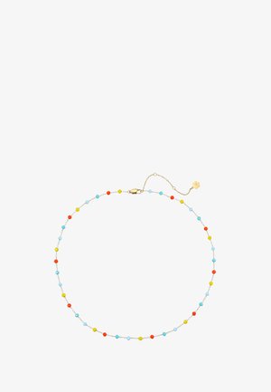Zarte Goldkette mit kleinen blauen, roten und gelben runden Perlen, die gleichmäßig entlang der Länge verteilt sind, und einem blumenförmigen Verschlussanhänger.