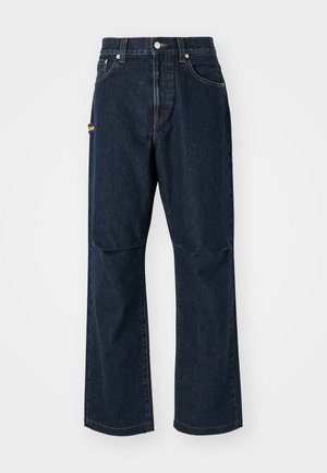 Dark blue denim jeans with a straight-leg cut, front pockets, and a side pocket. Features stitching accents and a button waistband.