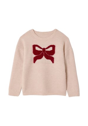 Hellrosa langärmeliger Pullover mit gerippten Bündchen und Saum, mit einem großen dunkelroten Schleifendruck auf der Vorderseite in der Mitte.