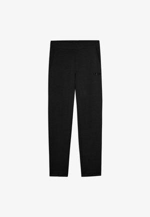 Pantalon noir slim avec taille élastique et poches latérales, avec un petit logo "FREDDY" sur la partie supérieure de la cuisse.