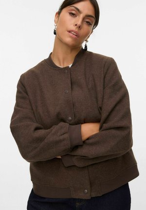 Brown, textured bomber jacket with a rounded collar, front snap buttons, and ribbed cuffs and hem. Casual fit, no visible patterns or accents.