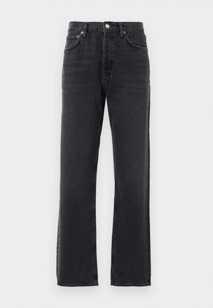 Sorte strake denimjeans med fem lommer, knappelukking og beltehemper, vist mot en hvit bakgrunn.