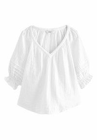 Weiße, lockere Bluse mit V-Ausschnitt und kurzen, gerafften Ärmeln. Hergestellt aus leichtem Material mit einer strukturierten, gekräuselten Oberfläche.
