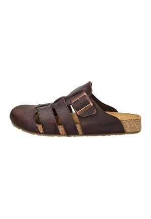 Brauner Leder-Slipper mit drei Riemen, einer großen verstellbaren Schnalle und einer Kork-Fußbettsohle.