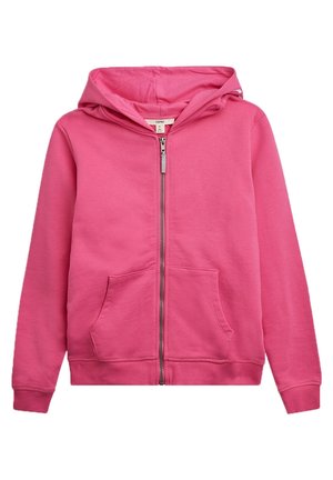 Sweat à capuche zippé rose vif avec poches avant, manches longues, poignets côtelés et capuche attachée sur fond blanc.