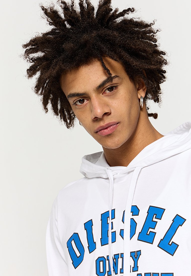 Weißer Kapuzenpullover mit blauer "DIESEL ONLY"-Aufschrift. Weicher Stoff mit lässiger Passform. Zweifarbige Gestaltung und Kapuze mit Kordelzug.