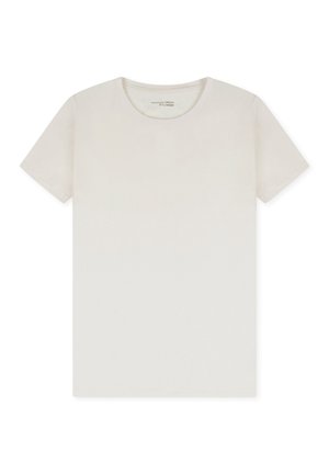 Kortarmige T-shirt gemaakt van zachte, gladde stof in lichtbeige kleur. Ronde halslijn met een losse pasvorm en minimalistisch design.