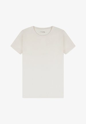 Kurzarm-T-Shirt aus weichem, glattem Stoff in hellbeiger Farbe. Rundhalsausschnitt mit lockerer Passform und minimalistischen Design.