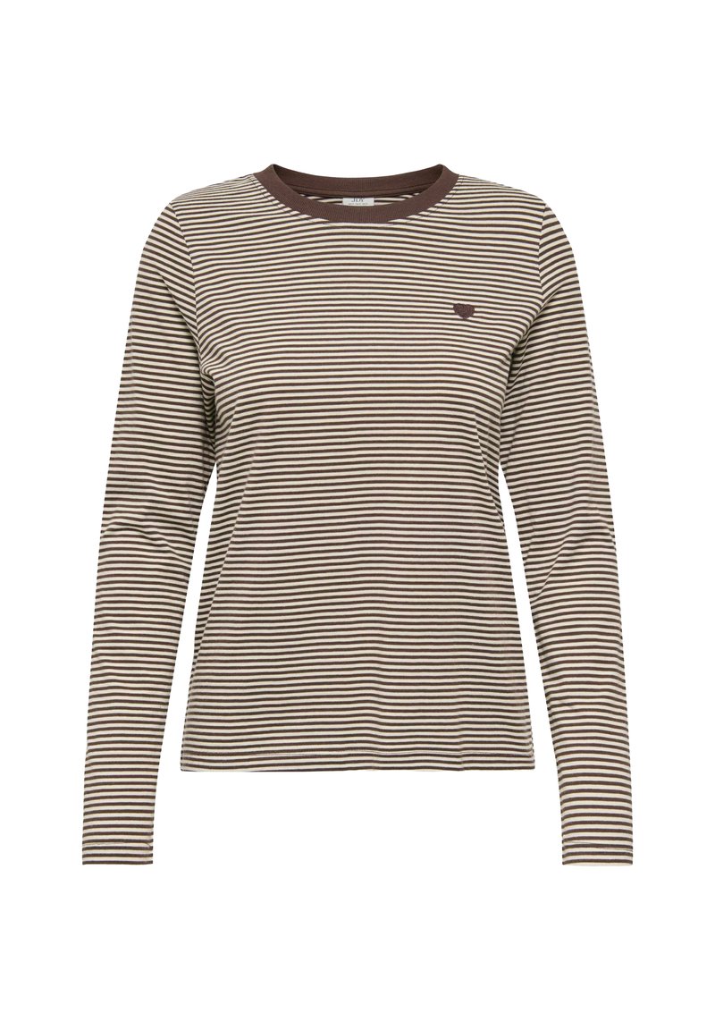 Brązowo-kremowa koszulka z długim rękawem w paski, z okrągłym dekoltem i małym haftowanym logo na piersi. Miękki bawełniany materiał.