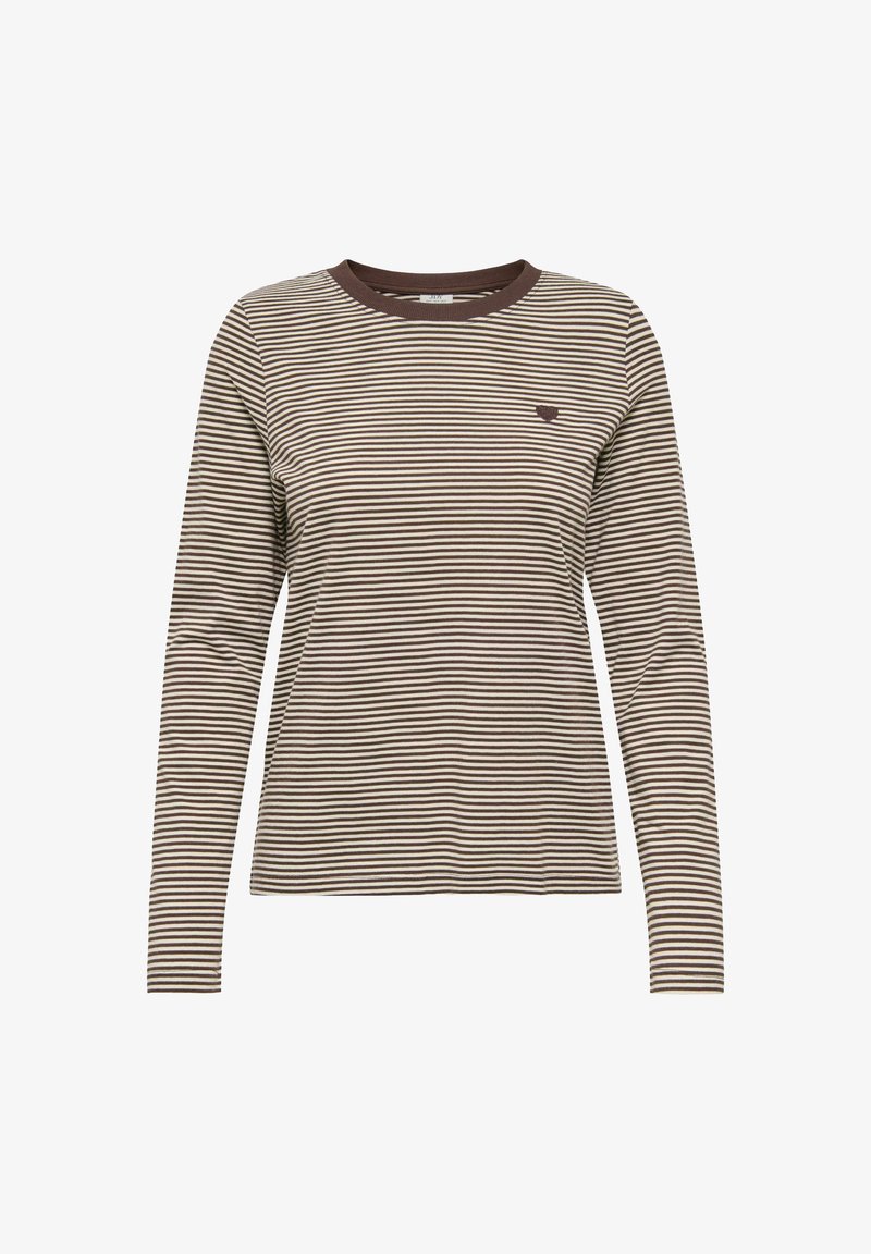 Brązowo-kremowa koszulka z długim rękawem w paski, z okrągłym dekoltem i małym haftowanym logo na piersi. Miękki bawełniany materiał.