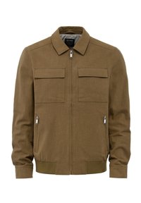 Brązowa materiałowa kurtka z zamkiem błyskawicznym z przodu, dwiema kieszeniami na piersi oraz kieszeniami bocznymi. Posiada stójkę oraz ściągacze na mankietach i u dołu.