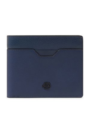 Navy blue leather bifold wallet with a textured top edge and a small black metal logo centered on the front.