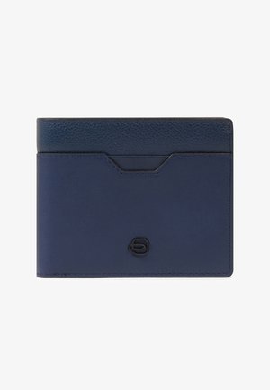 Marineblaues Leder-Bifold-Portemonnaie mit einer strukturierten oberen Kante und einem kleinen schwarzen Metalllogo in der Mitte der Vorderseite.