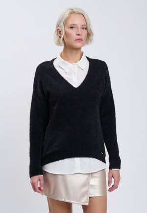INFLUENCER, INFLUENCER PULLOVER V-NECK FLUFFY PULL - Trui - black