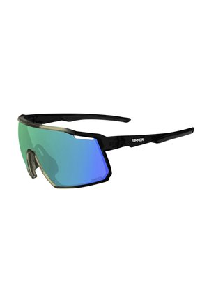 Gafas deportivas negras envolventes con lente protectora reflectante azul-verde y logo "SINNER" en la patilla.